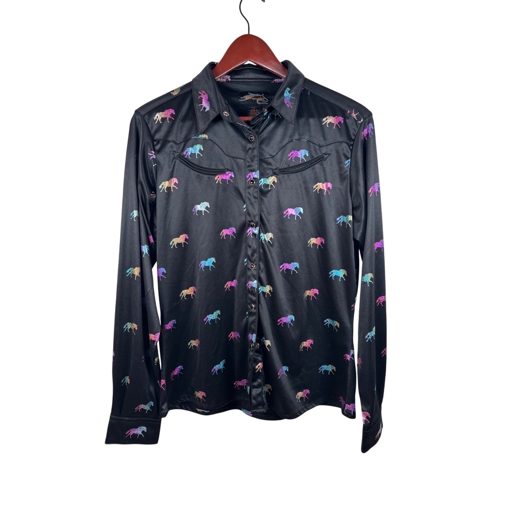 Wrangler Western Shirt Medium LW5231X Black Rainbow Iridescent Horse Pearl‎ Snap